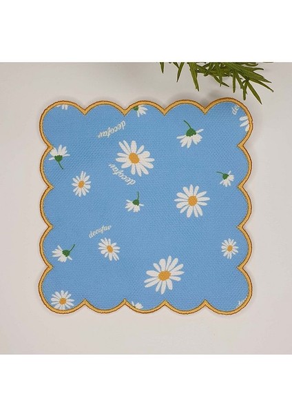 Mavi Zemin Papatya Desenli Nakış Kenar Kumaş Kokteyl Peçetesi 1 Adet