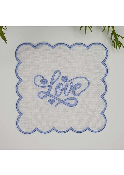 Pastel Mavi Love Yazılı Kalp Tasarımlı Nakışlı Kumaş Kokteyl Peçetesi 1 Adet