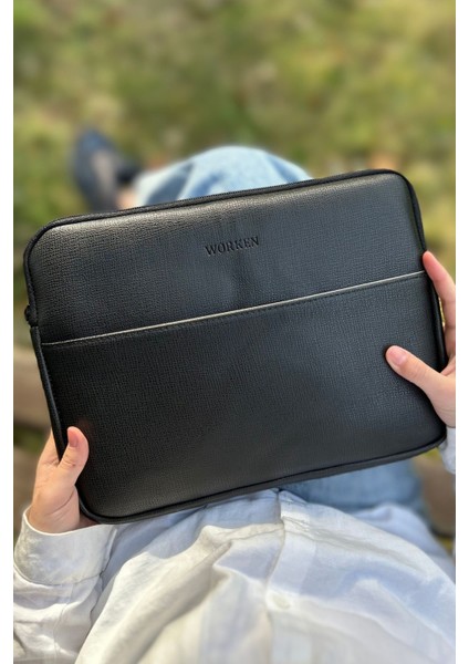 13 - 14 Inç Cepli Ipad Tablet Kılıfı, Macbook Air-Pro, Galaxy, Lenovo, Düz Siyah