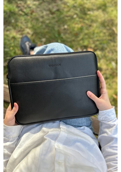11 inç Tablet Kılıfı, Deri Cep Detaylı Ipad Kılıf Macbook Air-Pro Kılıf, Galaxy, Lenovo, Düz Siyah