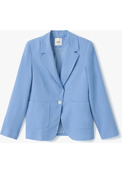 Viskon Keten Karışımlı Düğmeli Uzun Kollu Cepli Kruvaze Blazer Ceket
