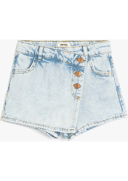 Pamuklu Düğme Detaylı Kruvaze Denim Şort Etek