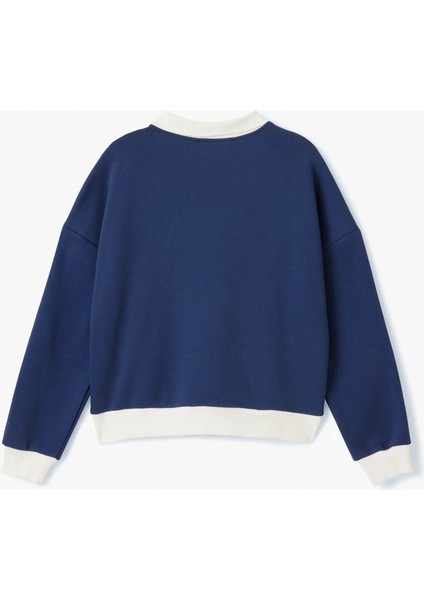Polo Yaka Düğmeli Kolej Baskılı Şerit Detaylı Oversize Sweatshirt