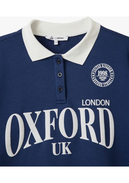 Polo Yaka Düğmeli Kolej Baskılı Şerit Detaylı Oversize Sweatshirt