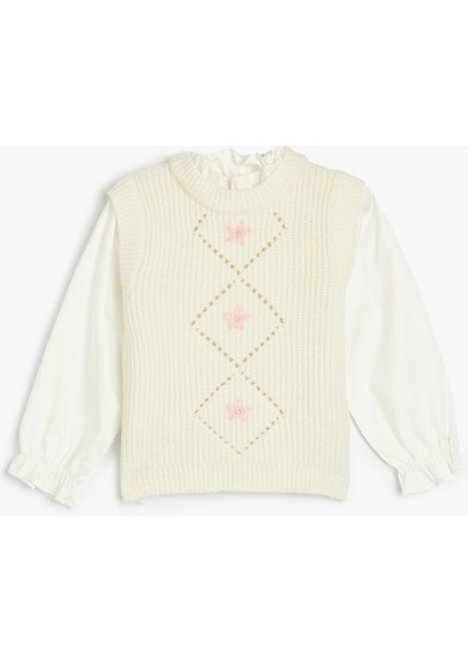 Triko Kazak Fırfır Yaka Detaylı Çiçek Işlemeli