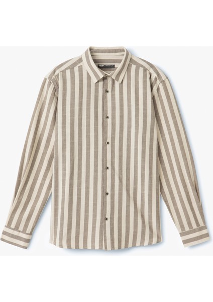 Düğmeli Pamuklu Klasik Uzun Kollu Çizgili Gömlek