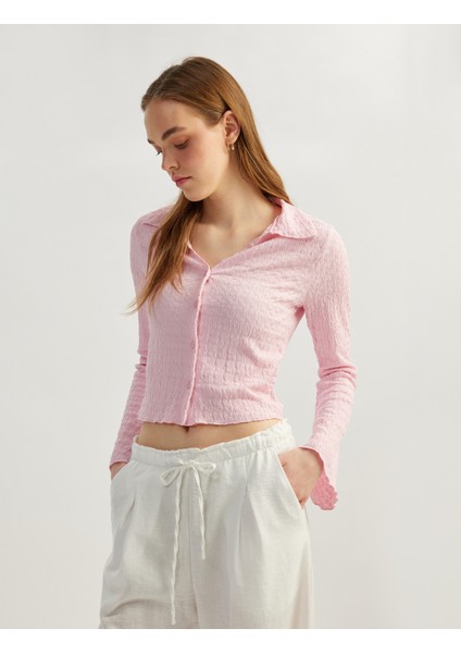 Slim Fit Uzun Kollu Dokulu Gömlek Yaka Düğmeli Tişört