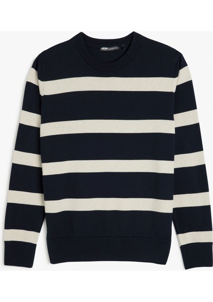 Uzun Kollu Pamuk Karışımlı Bisiklet Yaka Çizgili Triko Kazak