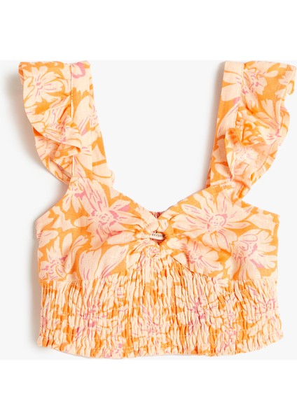 Keten Crop Bluz Kolsuz Çiçekli Gipe Detaylı