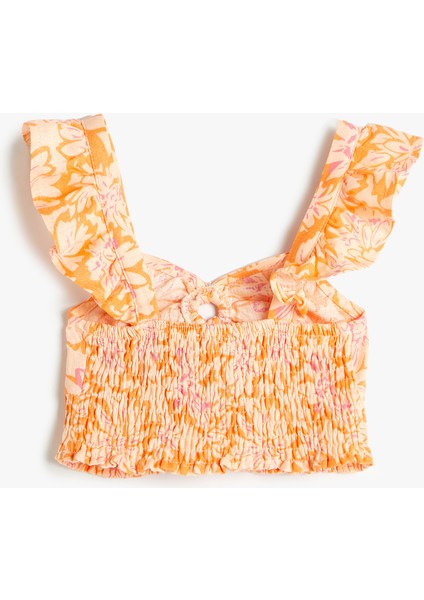 Keten Crop Bluz Kolsuz Çiçekli Gipe Detaylı