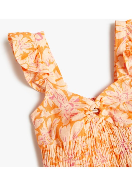 Keten Crop Bluz Kolsuz Çiçekli Gipe Detaylı