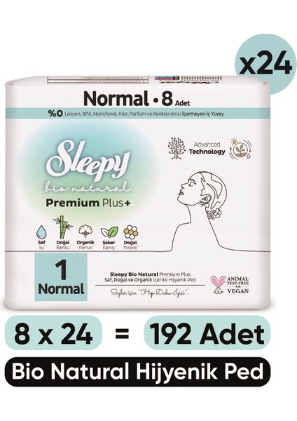 Bio Natural Premium Plus Hijyenik Ped Normal 8X24 Ped (192 Adet)