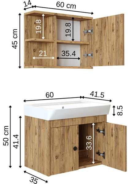 Lavabolu Mat Suntalam 60 cm Banyo Dolabı + Aynalı Üst Dolabı modelleri