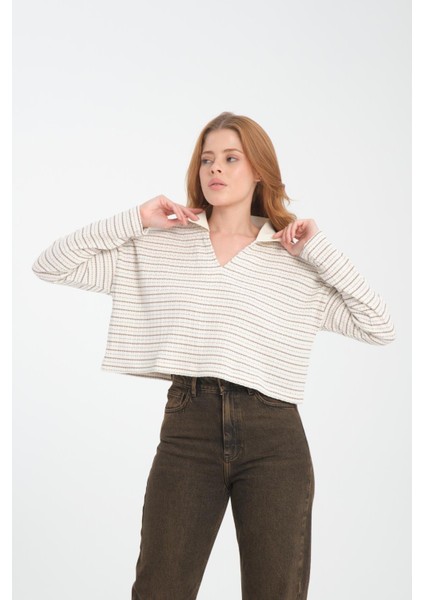 Kadın V Yaka Çizgili Sweatshirt - Rahat ve Şık Günlük Giyim Seçeneği fırsatları