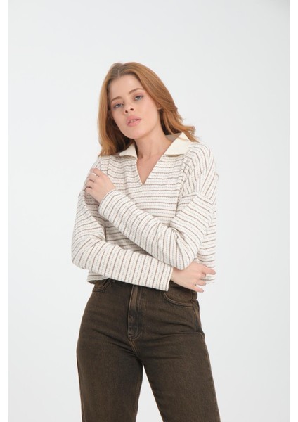Kadın V Yaka Çizgili Sweatshirt - Rahat ve Şık Günlük Giyim Seçeneği indirimleri