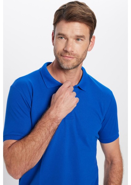 Erkek Slim Fit Dar Kesim Pamuklu Yumuşak Dokulu Serin Tutan Kumaş Düz Saks Mavi Polo Yaka Tişört