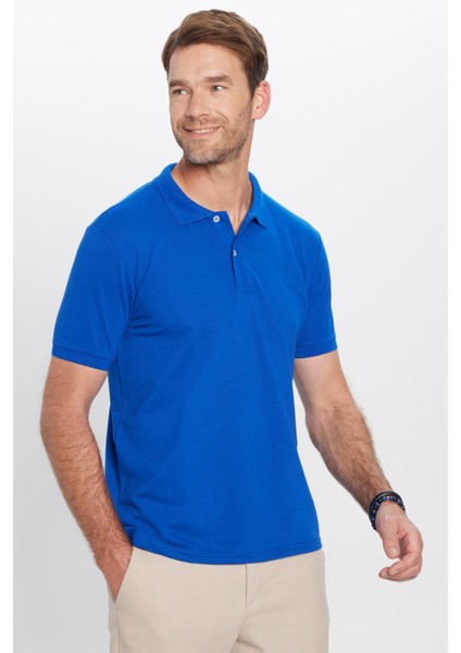 Erkek Slim Fit Dar Kesim Pamuklu Yumuşak Dokulu Serin Tutan Kumaş Düz Saks Mavi Polo Yaka Tişört
