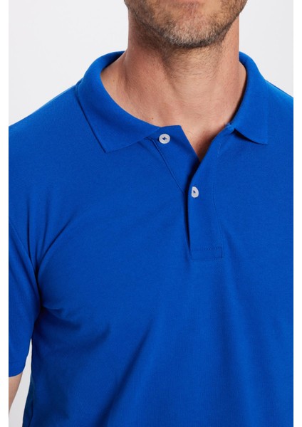 Erkek Slim Fit Dar Kesim Pamuklu Yumuşak Dokulu Serin Tutan Kumaş Düz Saks Mavi Polo Yaka Tişört