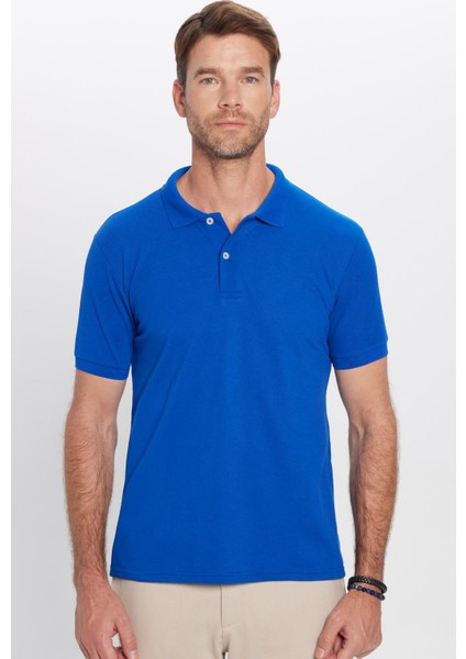 Erkek Slim Fit Dar Kesim Pamuklu Yumuşak Dokulu Serin Tutan Kumaş Düz Saks Mavi Polo Yaka Tişört