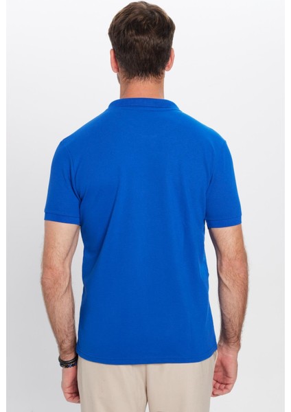 Erkek Slim Fit Dar Kesim Pamuklu Yumuşak Dokulu Serin Tutan Kumaş Düz Saks Mavi Polo Yaka Tişört