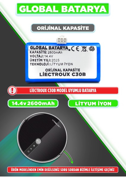 Liectroux C30B Uyumlu Akıllı Robot Süpürge Bataryası 14.4V 2600mAh Pil Li-ion (Orijinal Kapasite)