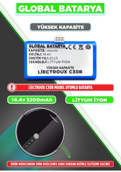 Liectroux C30B Uyumlu Akıllı Robot Süpürge Bataryası 14.4v 3200mAh Li-ion Pil (Yüksek Kapasite)