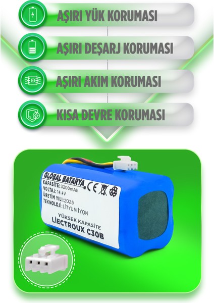 Liectroux C30B Uyumlu Akıllı Robot Süpürge Bataryası 14.4v 3200mAh Li-ion Pil (Yüksek Kapasite)