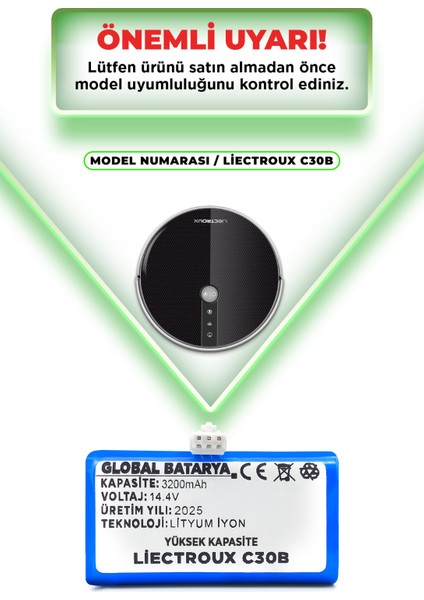 Liectroux C30B Uyumlu Akıllı Robot Süpürge Bataryası 14.4v 3200mAh Li-ion Pil (Yüksek Kapasite)