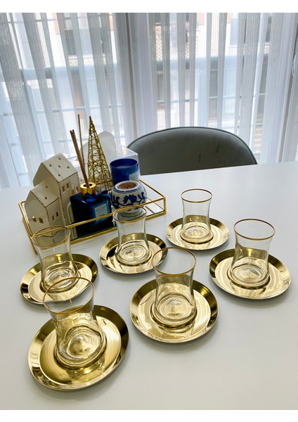 Titanyum Kaplama Yuvarlak 6'lı Gold Çay Tabağı