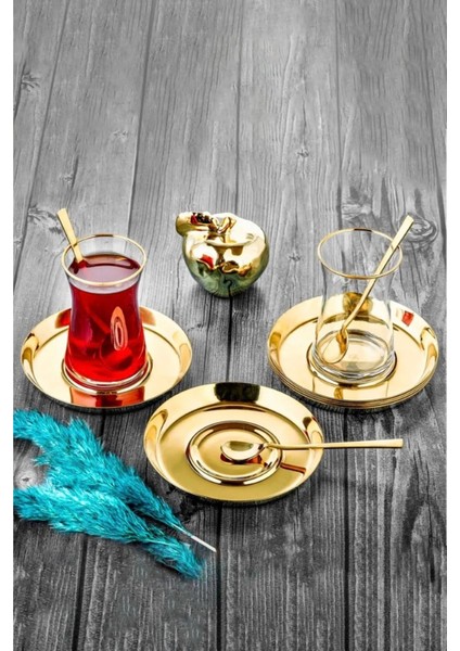 Titanyum Kaplama Yuvarlak 6'lı Gold Çay Tabağı indirimleri