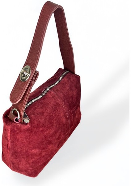 Kadın Hakiki Süet Deri Bordo Renkli El ve Omuz Çantası