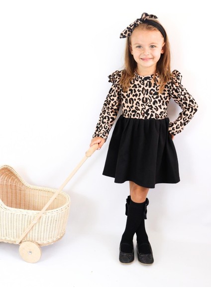 Kız Çocuk Leopar Desenli Uzun Kollu Fırfırlı Elbise Bandana Takım ELB-0059