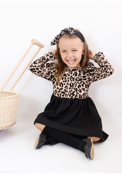 Kız Çocuk Leopar Desenli Uzun Kollu Fırfırlı Elbise Bandana Takım ELB-0059