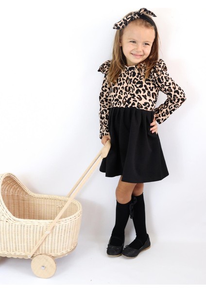 Kız Çocuk Leopar Desenli Uzun Kollu Fırfırlı Elbise Bandana Takım ELB-0059