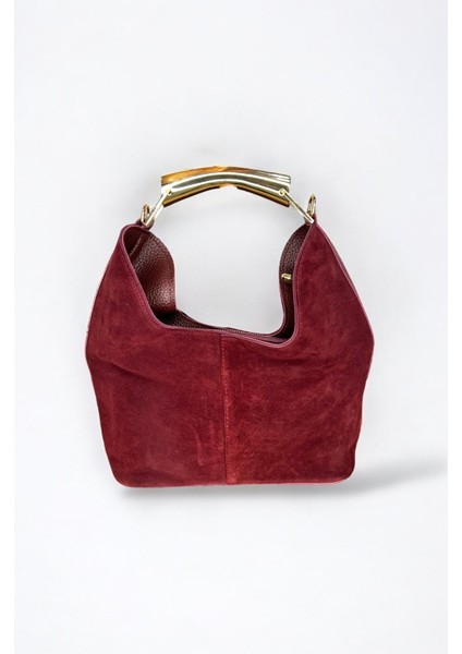 Hakiki Süet Deri Metal Tutma Saplı Bordo Renkli Kadın El ve Omuz Çantası