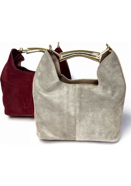 Hakiki Süet Deri Metal Tutma Saplı Bordo Renkli Kadın El ve Omuz Çantası modelleri
