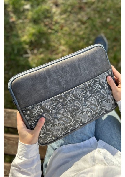 13" - 14 Inç, Fermuarlı Tablet Macbook Kılıf Su Geçirmez, Darbe Korumalı Şal Desen Gri