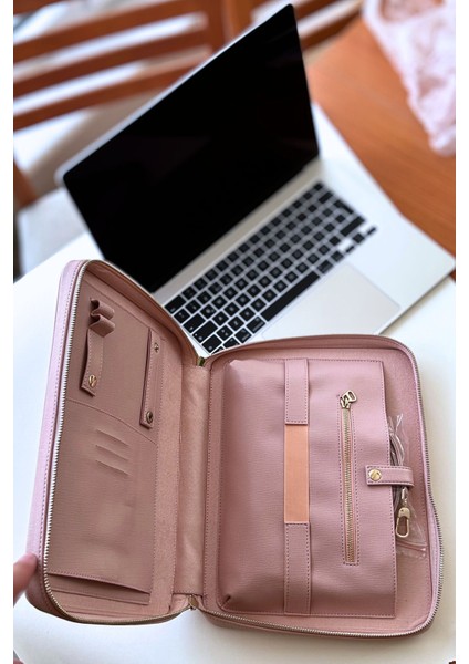 11 Inç, Tablet Kılıf, iPad Macbook Kılıf, Defter Kitap Kılıf, Organizer Vegan Deri Parçalı Pudra modelleri