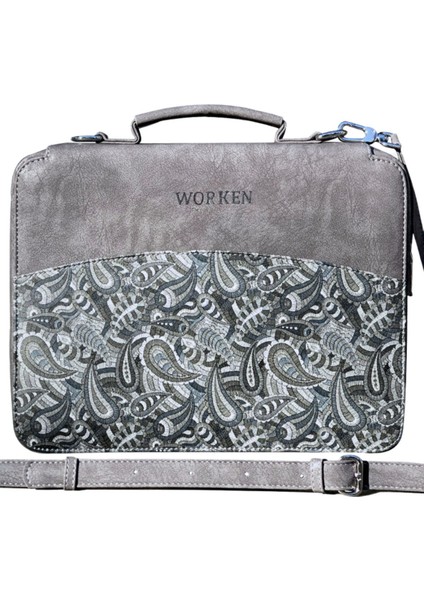 Organizer Deri Tablet Kılıf iPad Kılıf, 11" Inç, Gri Şal Desen Baskılı Organizer Vegan Deri