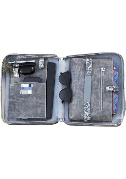 Organizer Deri Tablet Kılıf iPad Kılıf, 11" Inç, Gri Şal Desen Baskılı Organizer Vegan Deri modelleri