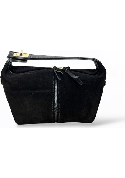 Kadın Hakiki Süet Deri Siyah Renkli El ve Omuz Çantası