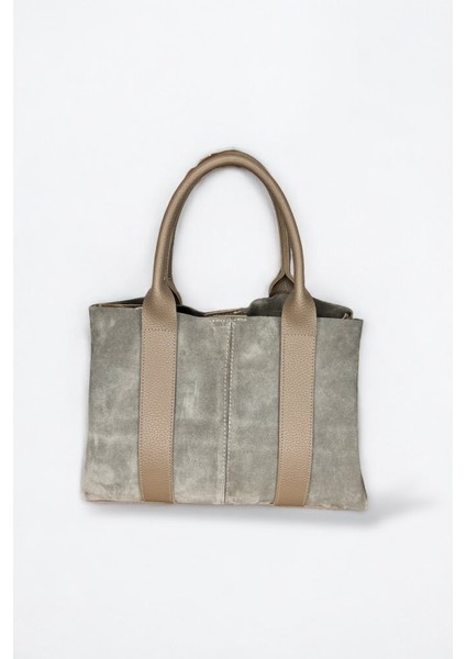 Kadın Gri Renkli Hakiki Süet Deri El ve Omuz Çantası