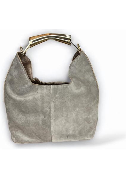 Hakiki Süet Deri Metal Tutma Saplı Gri Renkli Kadın El ve Omuz Çantası
