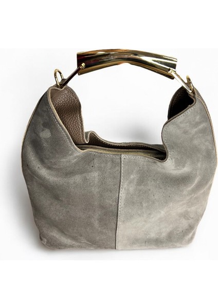 Hakiki Süet Deri Metal Tutma Saplı Gri Renkli Kadın El ve Omuz Çantası fiyatları