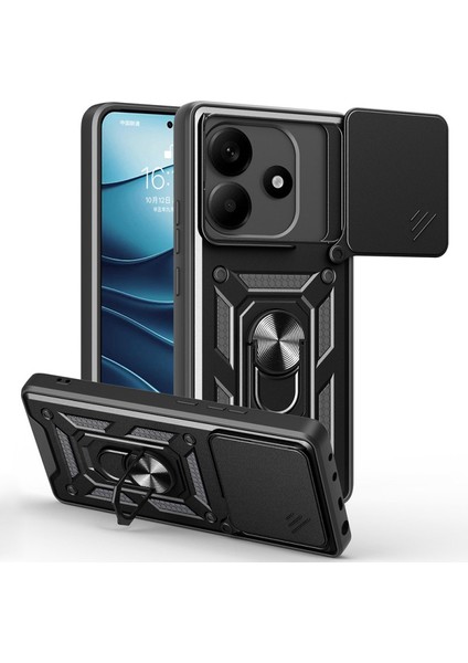 Xiaomi Redmi Note 14 Kılıf Yüzüklü Sürgülü Kamera Korumalı Pars + Ekran Koruyucu