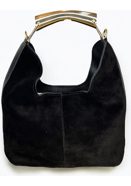 Hakiki Süet Deri Metal Tutma Saplı Siyah Renkli Kadın El ve Omuz Çantası