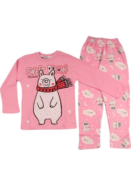 Kız Çocuk Yumuşacık Pamuklu Ayıcık Desenli Pijama Takımı