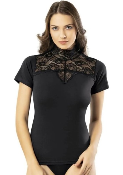 Kadın Kısa Kol Siyah Güpürlü Tüllü Tişört Body Bluz