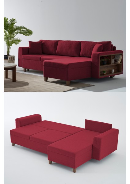 Rengar Köşe Takımı & Yataklı Bazalı Keten Kumaş Köşe Koltuk Takımı - Bordo E22