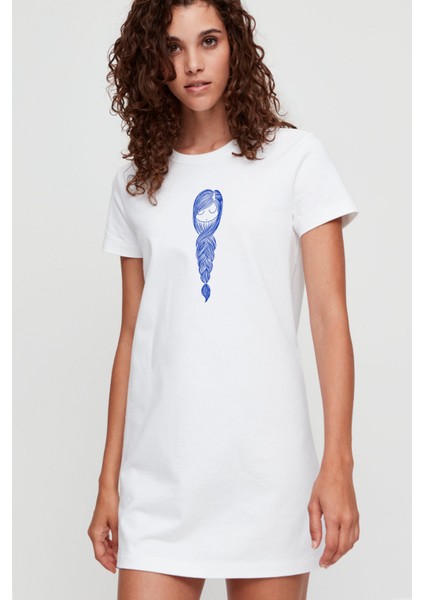 Örgü Saçlar Beyaz Kısa Kollu Penye T-Shirt Elbise